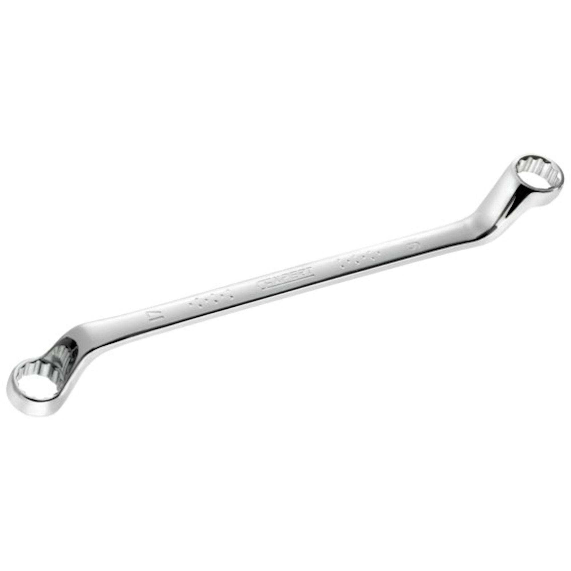A chrome-plated double box end wrench with angled ends, designed for tightening or loosening bolts and nuts.